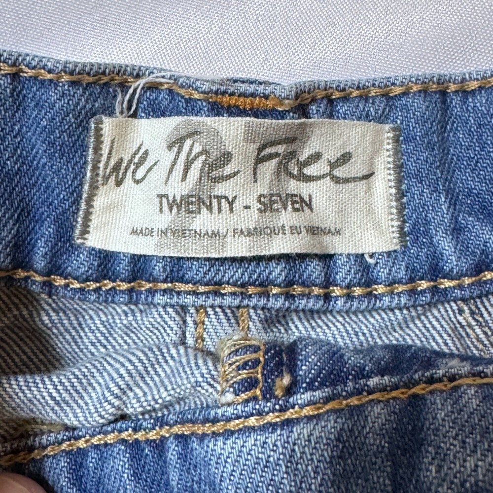 Free People We The Free Denim Mini Skirt Wmns 27 Blue Raw Hem Boho Pleated Indie - Picture 5 of 6